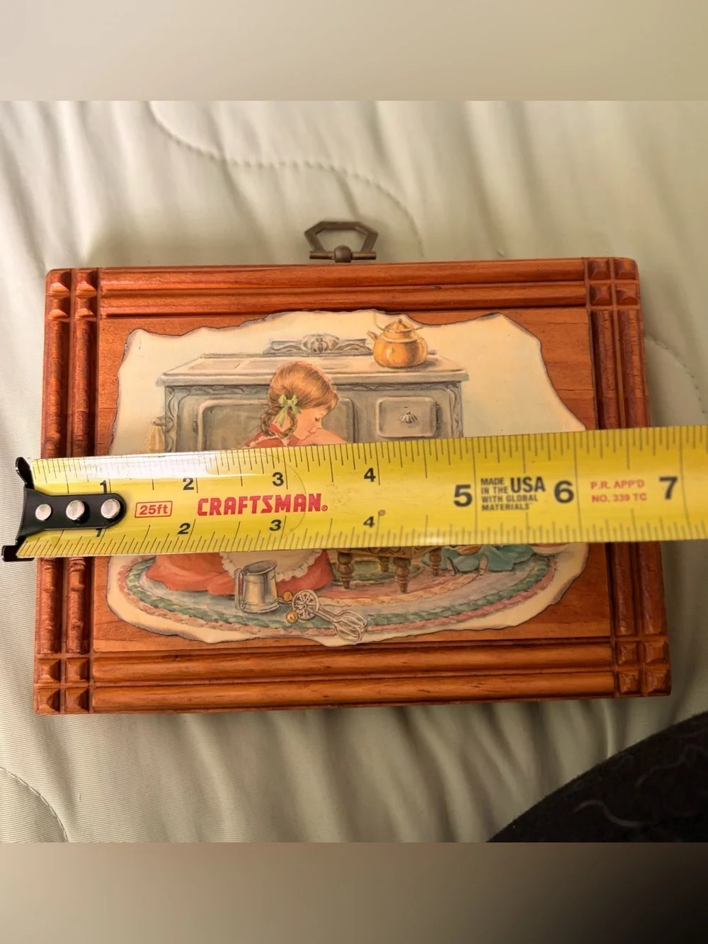 Vintage 1970s Wooden Plaque with Illustration of Girl Baking with Doll